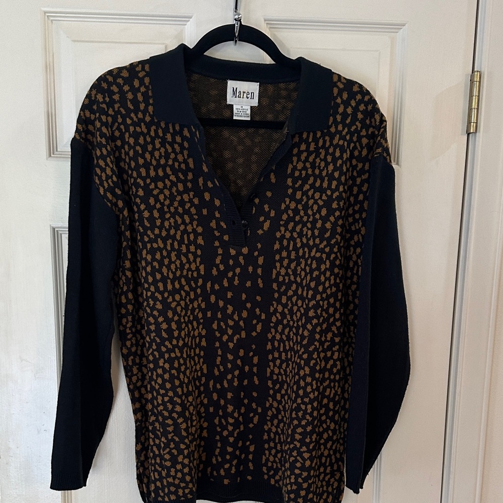 Women's Black and Brown long sleeve button V-Neck Sweater
